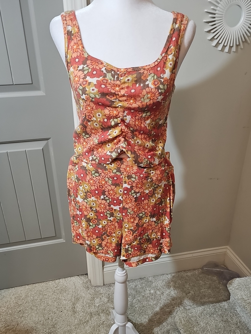 Colsie Rust Floral Ruched Tank Romper with Yellow Accents